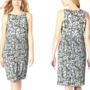 J. Jill Pleated Green & Blue Floral Summer Sleeveless Dress in Granite Bloom L
